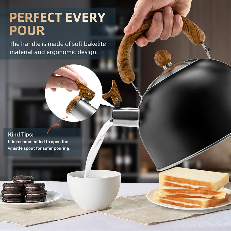 Tea Kettle Stovetop - HIHUOS 2.6QT Whistling Teapot for Stovetop - Stainless Steel Tea Pots for Stove Top, 3-ply Composite Base, Fast Boiling Teakettle Work for All Heat Sources (Black)