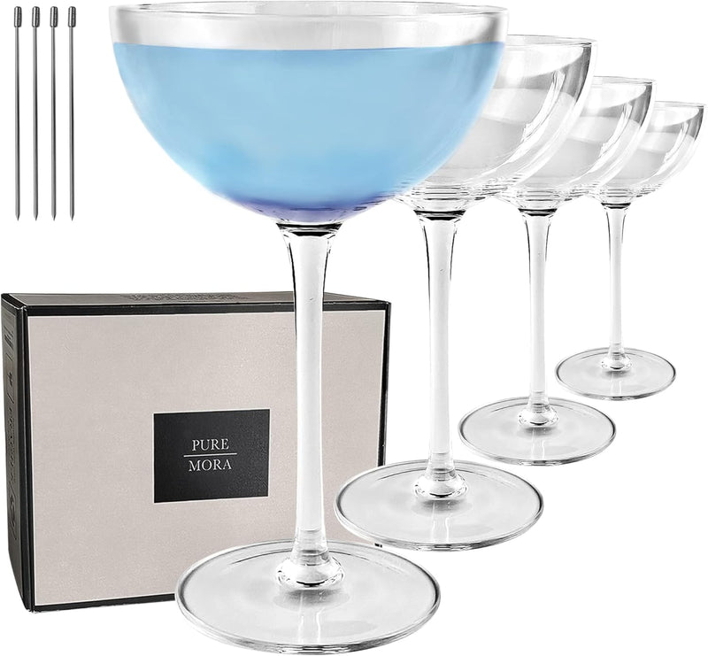 PURE MORA The Remy Coupe - Set of 4, 8oz Handblown Premium Crystal Martini Glasses for Cocktail, Gin & Tonic, Cosmopolitan, Manhattan, Bar, Fancy Mixology, etc. Modern Angle Drinking Glassware