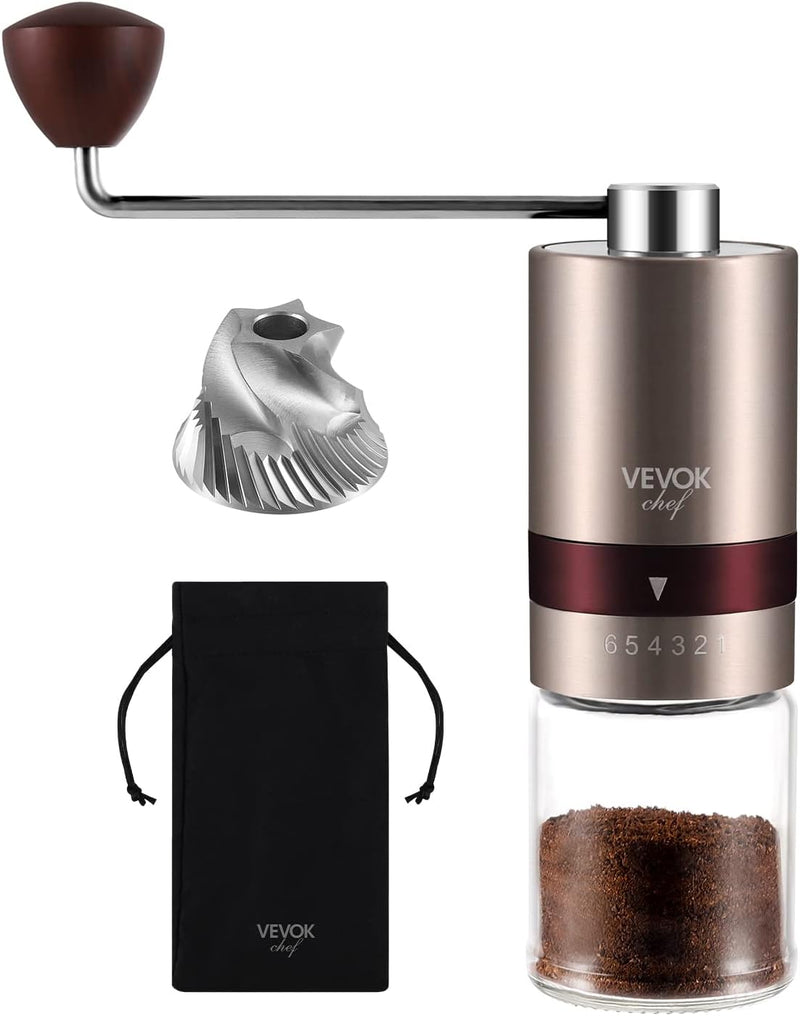 VEVOK CHEF Manual Coffee Grinder Hand Coffee Grinder 6 External Adjustable Setting Stainless Steel Conical Burr Coffee Mill Portable Hand Crank Coffee Bean Grinder Fine for Espresso