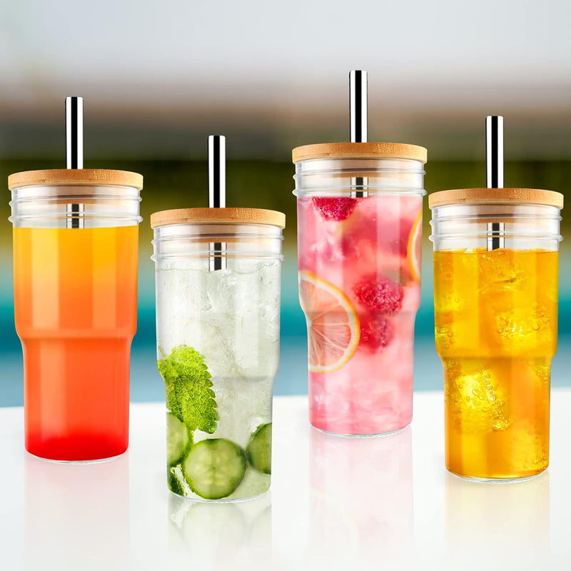 MOVNO Smoothie Mason Jar Cups with Lid And Straw, 22 oz Pack of 4 Reusable Boba Tea Drinking Jars Cup with Airtight Lids and Brush, Reusable Glass Tumbler with Sleeves for Iced Coffee,Milkshake, Gift