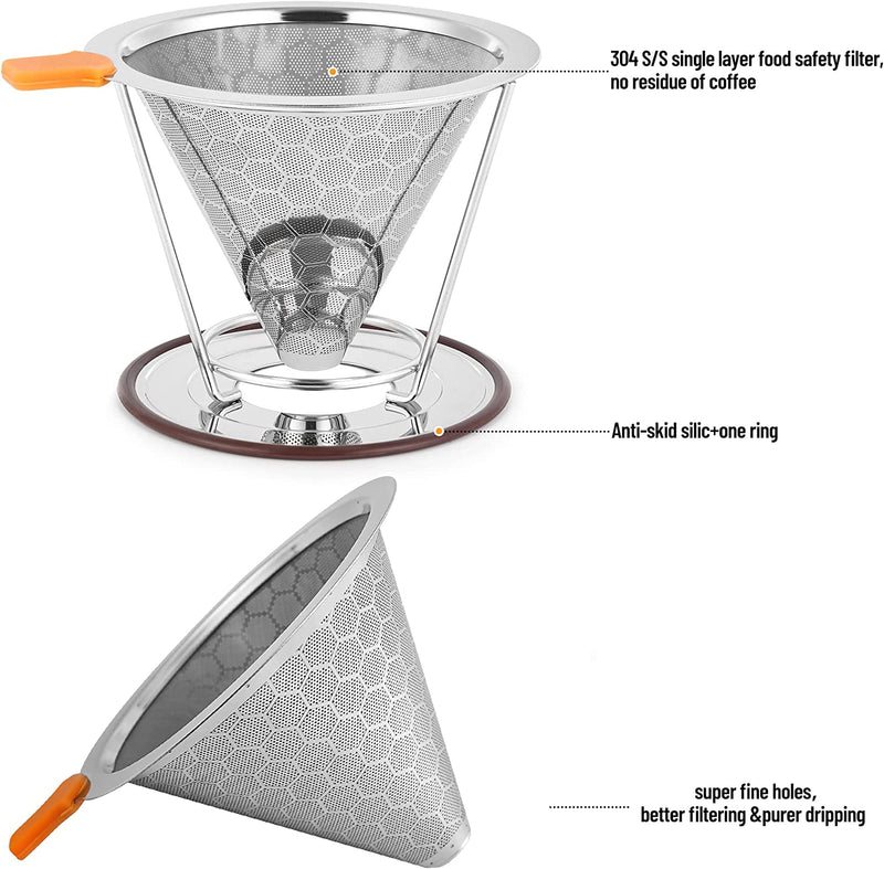 Pour Over Coffee Maker,XLVLVH 304 Stainless Steel Coffee Filter,Reusable Pour Over Coffee Dripper,Easy to Clean,Conical Coffee Dripper with Removable Cup