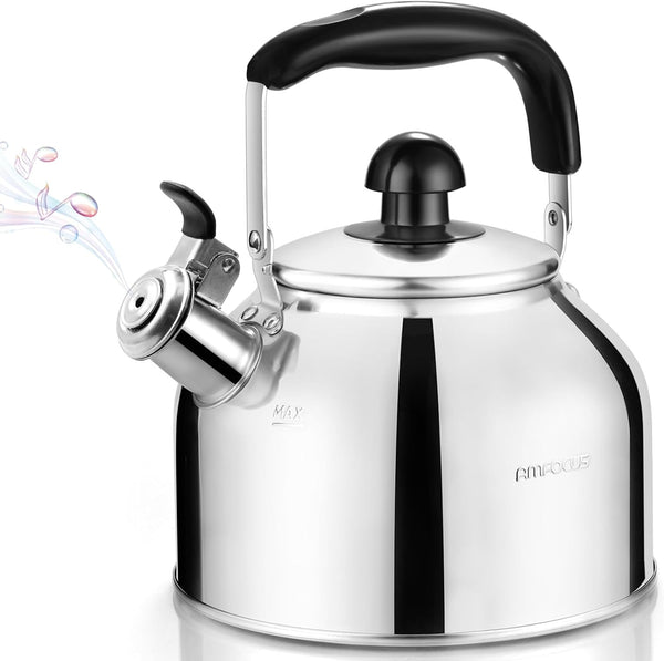Tea Kettle Stovetop, Whistling Tea Kettle Pots for Stove Top, 2.64 QT Food Grade Stainless Steel Teakettle Teapot with Cool Grip Folding Handle, Hot Water boiler for Tea, Milk, Coffee