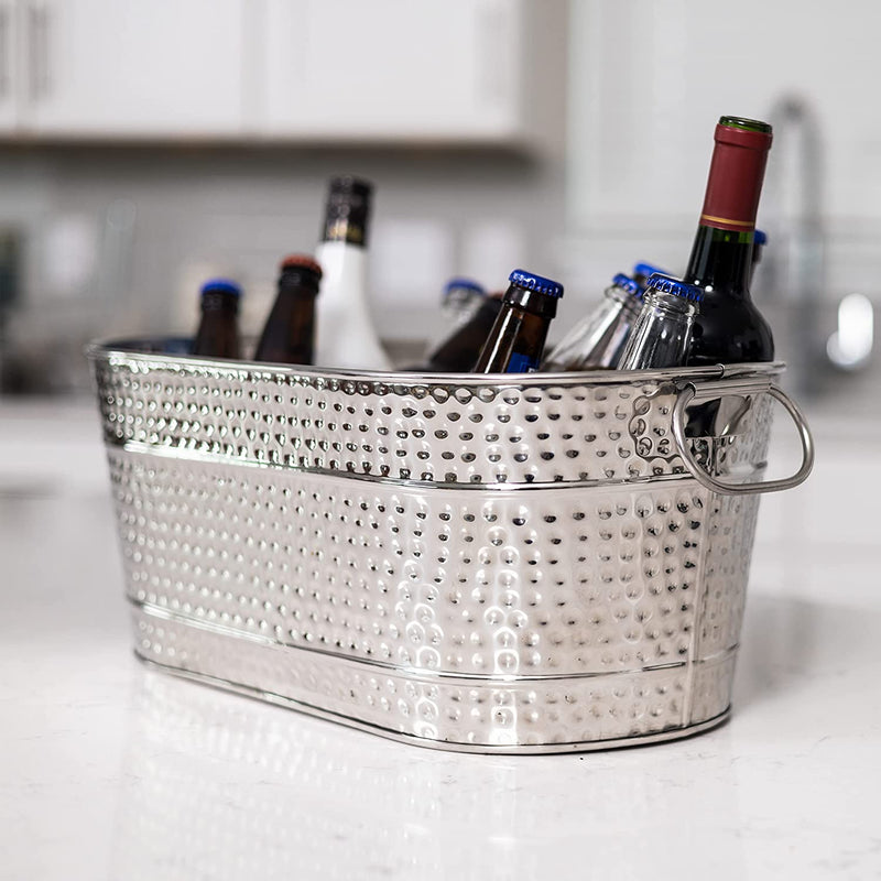 BREKX Stainless-Steel Oval Ice Bucket & Drink Cooler for Parties, Hammered Stainless Steel Finish Ice Tub, Sealed to be Leak-Resistant & Rust-Proof with Handles - 15 Quarts (4 Gallon Bucket)