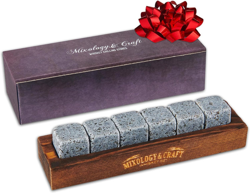 Mixology & Craft Whiskey Stones - Cube-Shaped Granite Chilling Whiskey Rocks Set of 6, Whiskey Gifts for Men and Christmas Stocking Stuffers - Dark Granite