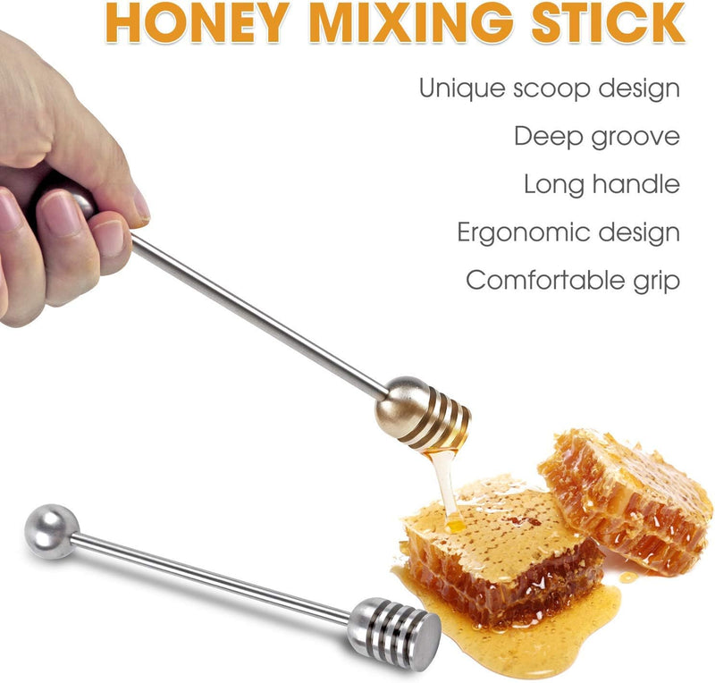 DUGATO Honey and Syrup Dippers, 2pcs 6.3 Inch 304 Stainless Steel Honeycomb Stick Spoon Stirrer Server for Honey Pot Jar Containers