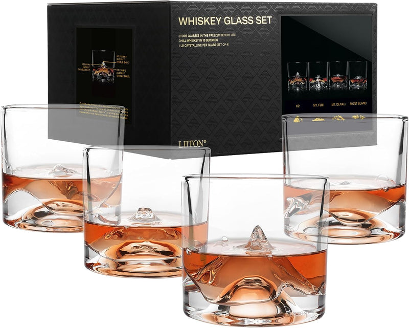 LIITON Grand Canyon Crystal Bourbon Whiskey Glasses Gift Set of 4, Heavy Freezable Old Fashioned Cocktail Glass Tumbler, Premium Luxury Gift for Men, Groomsman, 10 oz