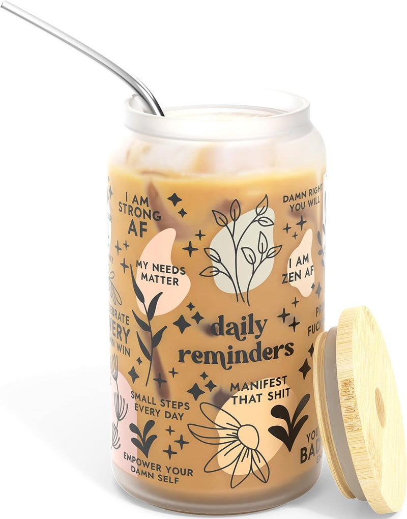 Daily Affirmation Iced Coffee Cup [Frosted], Glass Cups with Bamboo Lids and Straws | 16 oz Mason Jar Drinking Glasses & Boba Cup | Glass Tumbler with Straw and Lid Mental Health [Vulgar Edition]