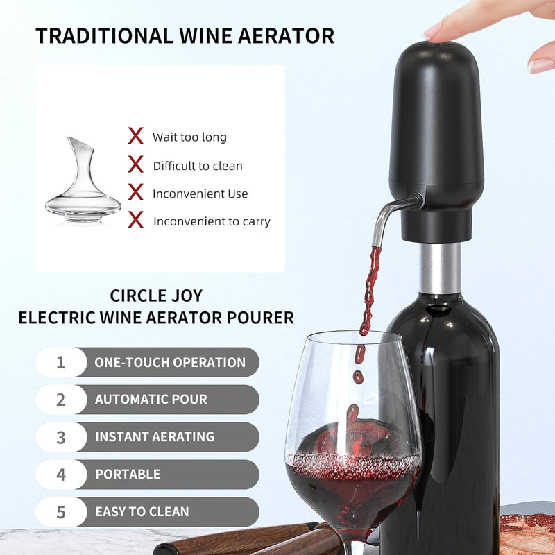 CIRCLE JOY Electric Wine Opener Set 4-in-1 Wine Set with Rechargeable Wine Opener, Rechargeable Wine Aerator Pourer, Foil Cutter and Vacuum Wine Stopper, Gift Set for Wine Lovers, Black