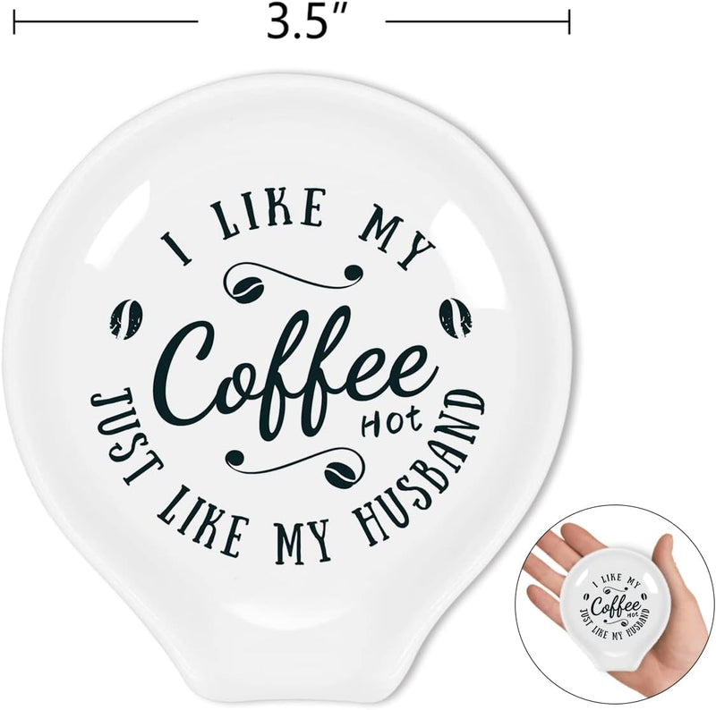 Uhealik Funny Coffee Quote Ceramic Coffee Spoon Holder-Coffee Spoon Rest -Coffee Station Decor Coffee Bar Accessories-Coffee Lovers Gift for Women and Men (I Like My Coffee Hot Just Like My Husband)