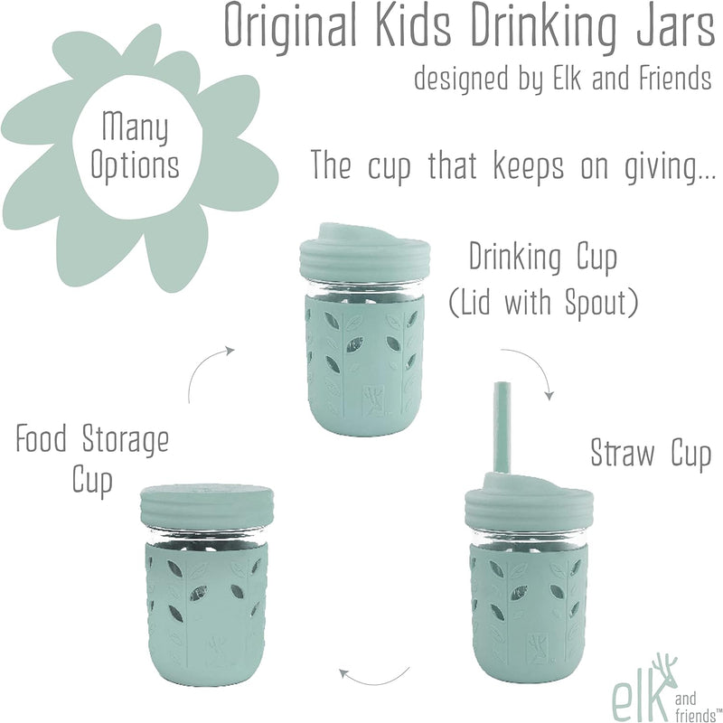 Elk and Friends Kids & Toddler Cups | The Original Glass Mason jars 8 oz with Silicone Sleeves & Silicone Straws with Stoppers | Smoothie Cups | Spill Proof Sippy Cups for Toddlers