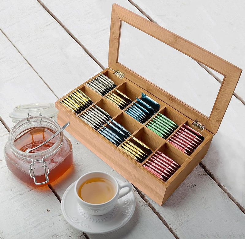 Bamboo Tea Storage Box Tea Bag Organizer or Kitchen Condiment Holder Perfect for Tea Lovers Countertop (14.5" x 8" x 4")