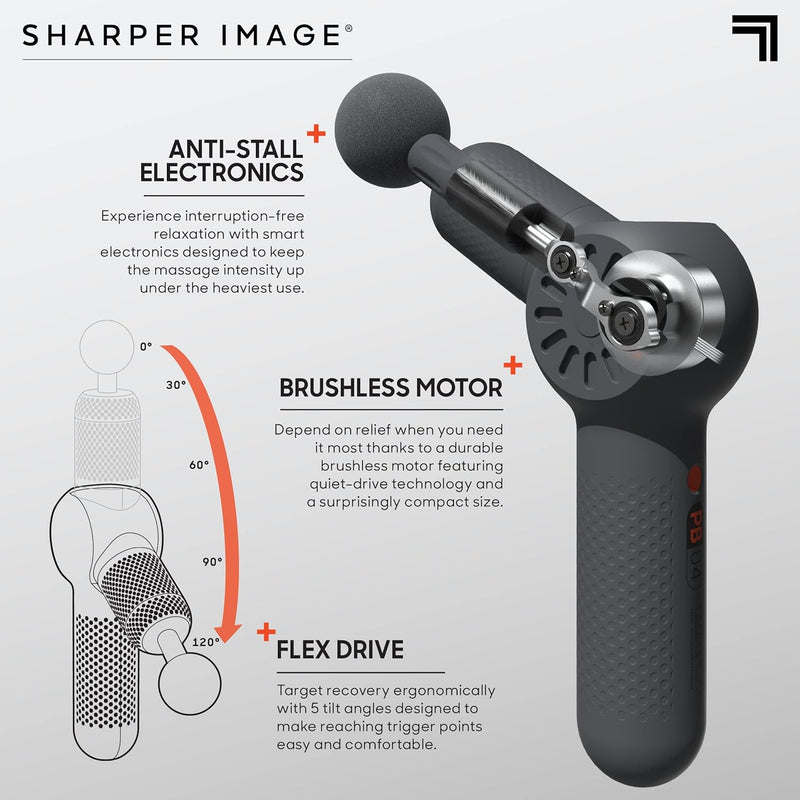 Sharper Image Powerboost Flex Percussion Massager, 120° Pivot Massage Gun, 6 speeds, 4 Attachments, Neck Back & Full Body Massage, Compact Pain Relief, Portable Athlete Muscle Recovery, Gifts for Men