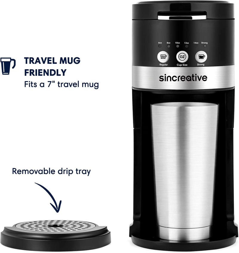 Sincreative Single Serve Coffee Maker, 2 in 1 Single Cup Coffee Makers for K Cup Pod or Ground Coffee, Compact Coffee Machine with Strong Brew Button, 6 to 14oz Brew Sizes, Gifts for Mom Dad Women Men