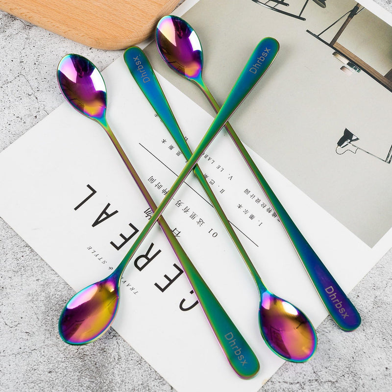 Long-handled ice tea spoon, cocktail stir spoons, stainless steel coffee spoons, Colored ice cream scoop (9 IN iridescence, Round)