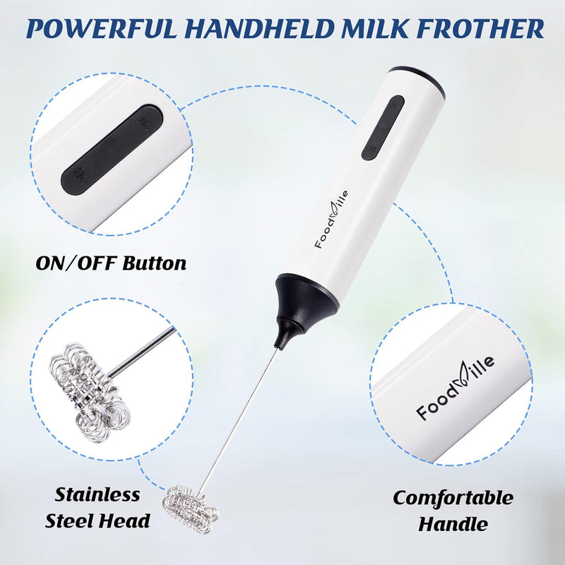 FoodVille MF05 Rechargeable Milk Frother USB Charging Handheld Foam Maker with Stainless Balloon Whisk for Cappuccino, Latte, Bulletproof Coffee, Keto Diet, Protein Powder, Matcha (White with Stand)