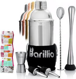 barillio Elite Cocktail Shaker Set Bartender Kit 24 oz Stainless Steel Martini Mixer, Muddler, Mixing Spoon, Jigger, 2 Liquor pourers, Velvet Bag, Recipes Booklet & eBook