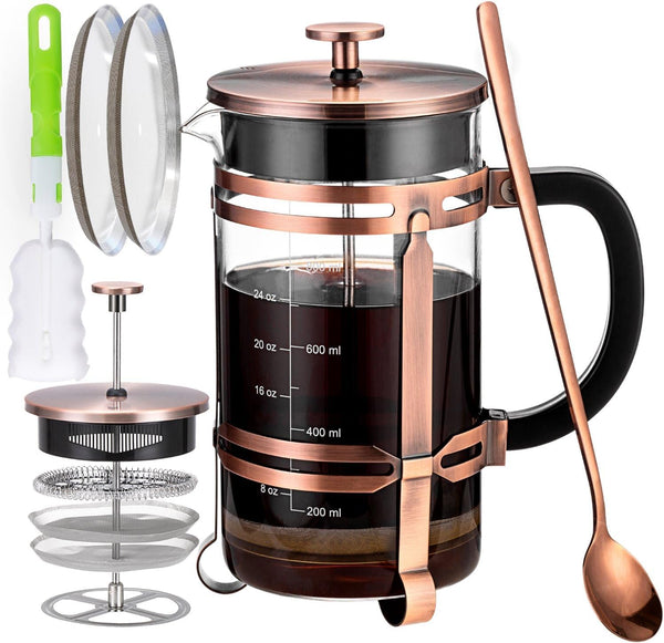 French Press Coffee Tea Maker（34oz）,304 Stainless Steel Coffee Press with 4 Filters Screen-100% No Residue -German Heat-Resistant Borosilicate Glass- BPA FREE -Dishwasherable，Copper
