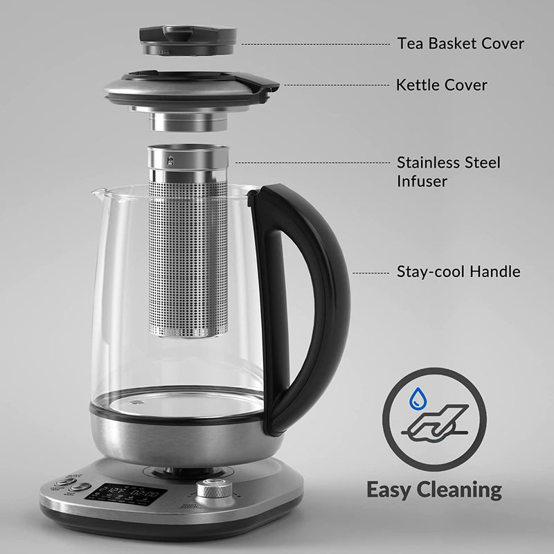 Mecity Tea Kettle Electric Tea Pot with Removable Infuser, 9 Preset Brewing Programs Tea Maker with Temprature Control, 2 Hours keep Warm, 1.7 Liter Electric Kettles, 1200W, Glass and Stainless Steel