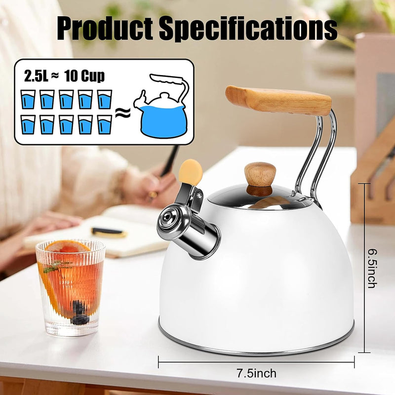 Tea Kettle, Beyoung 2.5 Liter Whistling Tea Kettle, Tea Pots for Stove Top Food Grade Stainless Steel with Wood Pattern Handle, Universal Base Suitable for Tea, Coffee, Milk