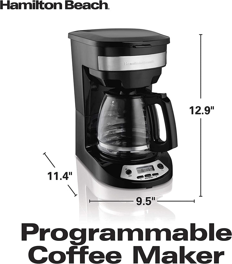 Hamilton Beach 12 Cup Programmable Drip Coffee Maker with 3 Brew Options, Glass Carafe, Auto Pause and Pour, Black with Stainless Accents (46299)