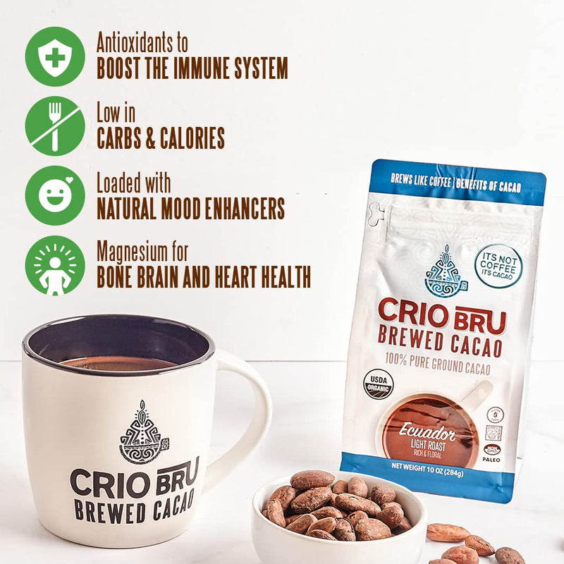 Crio Bru Welcome Starter Kit (2 10oz Bags + French Press) | Natural Healthy Brewed Cacao Drink | Great Substitute to Herbal Tea and Coffee | 99% Caffeine Free | Keto Honest Energy