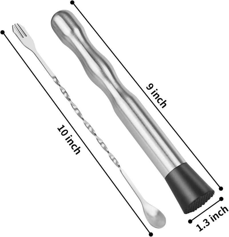 Muddler and bar Spoon，9 Inch Stainless Steel Muddler for Cocktails, 10 inch Long Drink Stirrer Bartender Spoon Excellent Choice for Mojitos, Caipirinhas, Fruits, Herbs, Spices Based Drinks