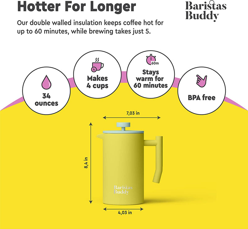 BaristasBuddy Yellow French Press Coffee Maker - Colorful, Retro And Stylish Insulated Coffee Brewer - Large Size Brews 4 Cups