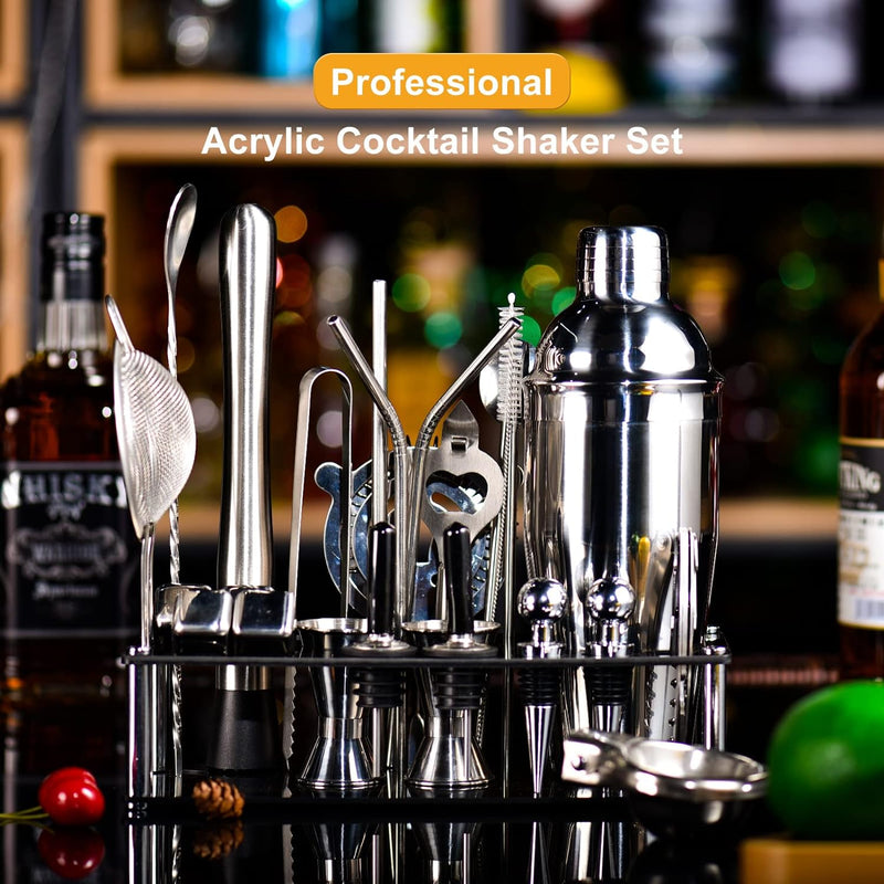 30-Piece Cocktail Shaker Set Stainless Steel Bartender Kit with Acrylic Stand & Cocktail Recipes Booklet, Bar Sets for Home, Professional Bar Tools for Drink Mixing, Party, Include 4 Whiskey Stones