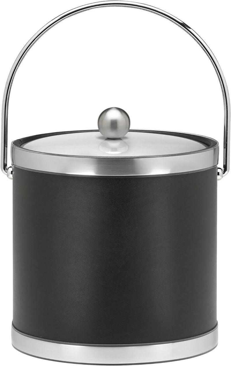 Kraftware Sophisticates Brushed Chrome Ice Bucket with Bale Handle and Metal Cover, Black - 3 Quart