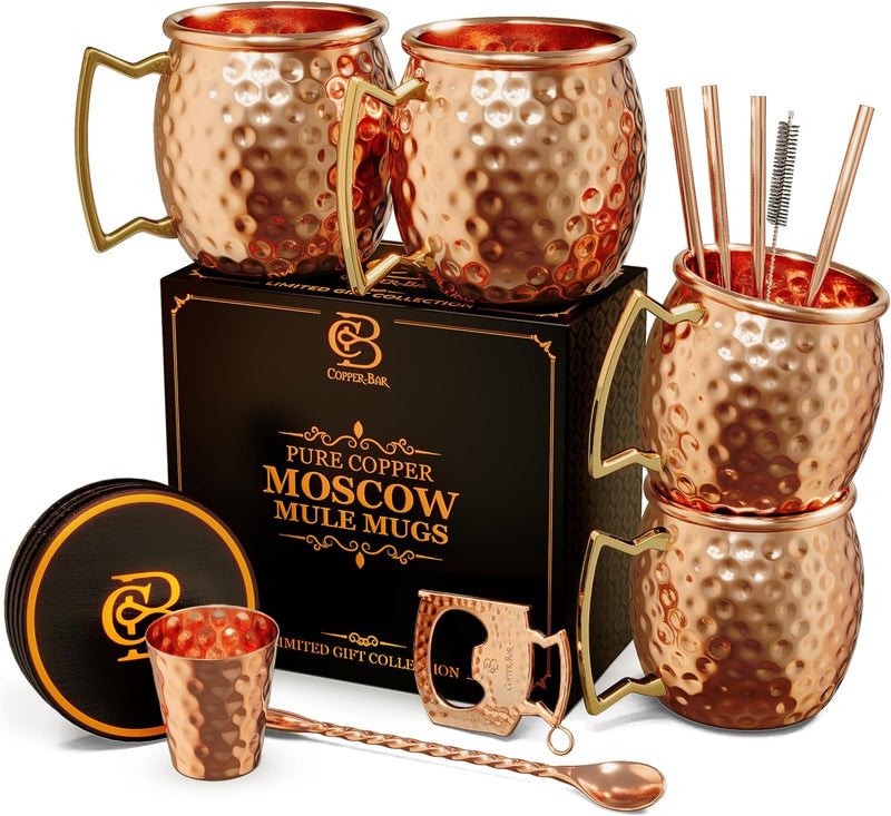 Moscow Mule Copper Mugs | Set of 4 Hammered Cups | 100% Handcrafted Pure Solid Copper | Gift Set with Cocktail Straws | Shot Glass | Coasters | Copper Stirrer & Beer Opener by Copper-Bar