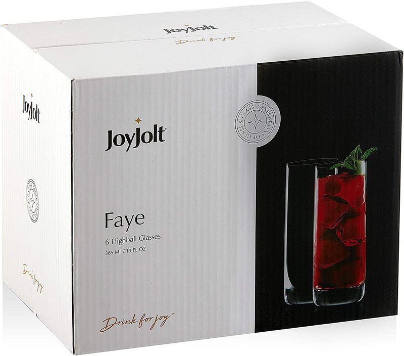 JoyJolt Faye 13oz Highball Glasses, 6pc Tall Glass Sets. Lead-Free Crystal Drinking Glasses. Water Glasses, Mojito Glass Cups, Tom Collins Bar Glassware, and Mixed Drink Cocktail Glass Set