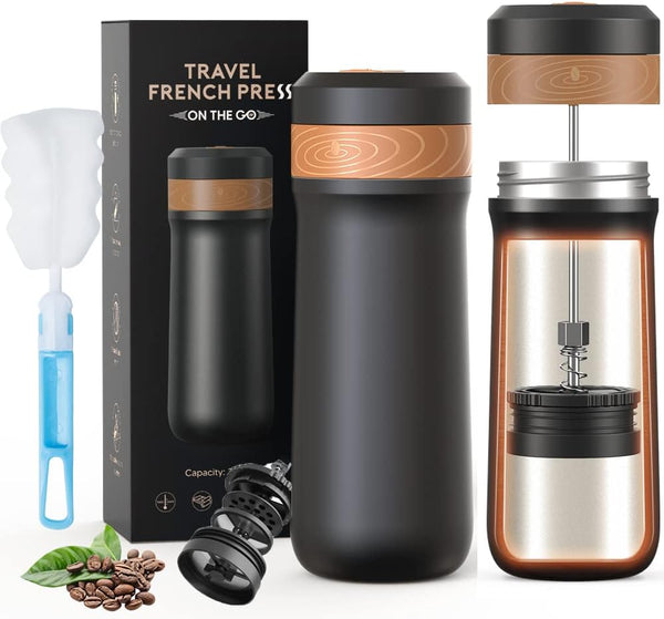 Sesama Classic Portable French Press Coffee Mug 12 oz with Carry Loop, Stainless Steel French Press Coffee Maker, BPA Free Great for Camping and Travel