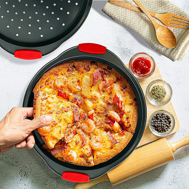 Non-Stick Pizza Tray with Silicone Handle and Perforated Holes - Premium Bakeware for Easy Cooking and Cleaning - NCBPIZ6