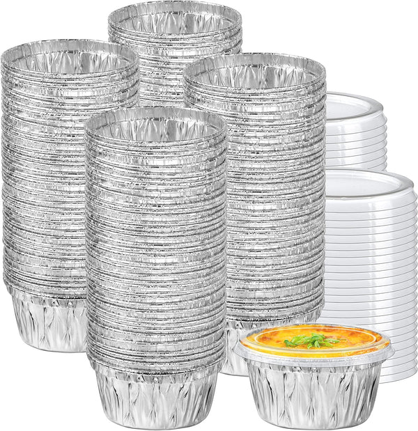 Premium Aluminum Foil Ramekins with Lids - Heavy Duty Disposable Mini Set for Baking and Serving - 100 Pack