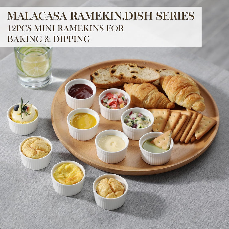 MALACASA 2 oz Creme Brulee Ramekins - Set of 12 Ceramic White Dipping Bowls Dishwasher Safe