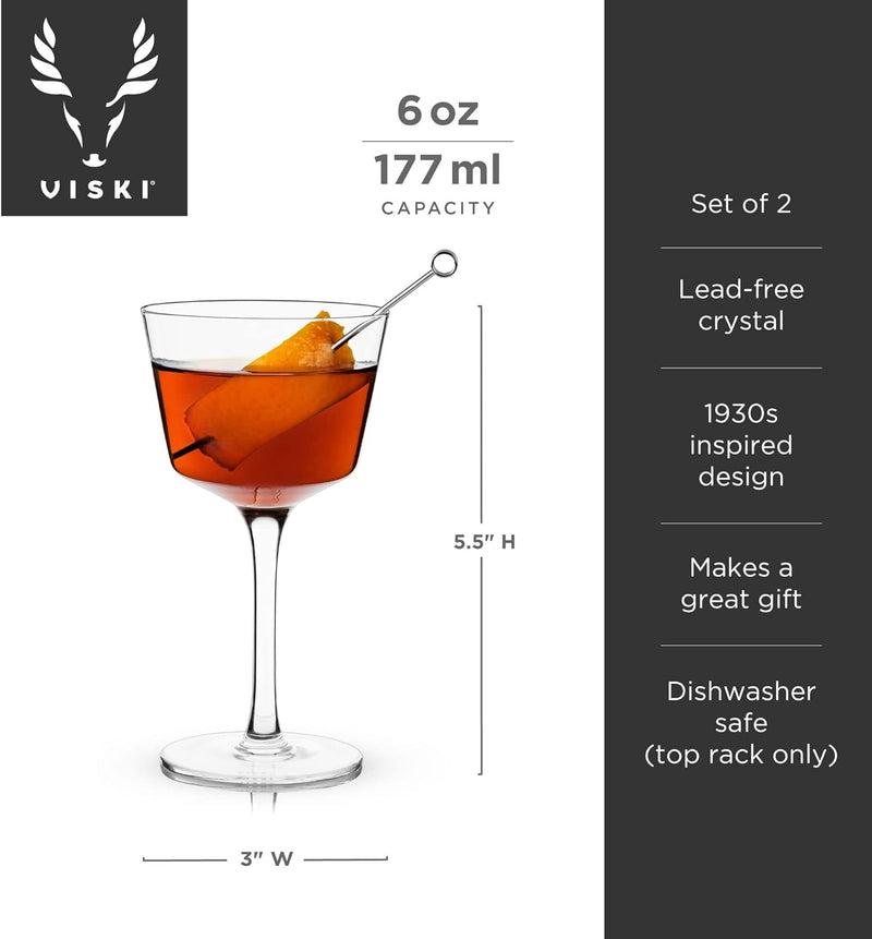 Viski Nick and Nora Glasses, Stemmed Drinkware, Premium Crystal Cocktail Glasses, Cocktail Coupe Glasses, Home and Bar Glass cups, Set of 2, 6oz