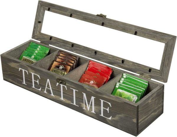 MyGift Vintage Gray Wood Tea Box Organizer Storage Box with 4 Compartments, Tea Bags and Condiments Chest with Lid with Latch