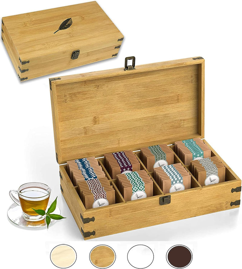 Zen Earth Inspired Bamboo Tea Organizer Box Chemical Free Eco-Friendly Big, Tall, Adjustable Cubbies Natural Wooden Storage Chest (6-Slot 11" x 8.1" x 4.2" with TEA print design)