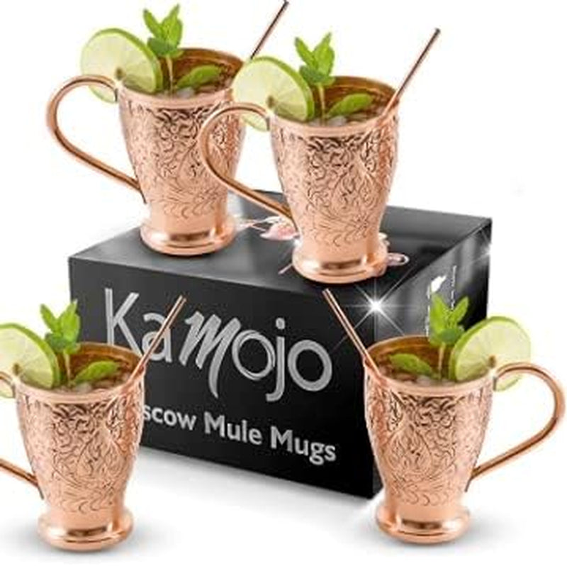 Kamojo Moscow Mule Mugs Set of 2 - Premium Moscow Mule Copper Mugs with Unique Embossed Design & Anti-Tarnish, Food-Grade Coating - Copper Cups Gift Set with 2 Copper Straws & Recipe E-Book, 16 oz