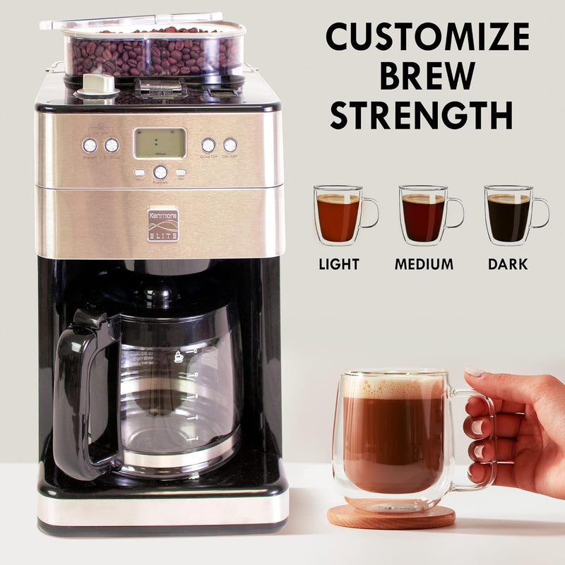 Kenmore Elite Grind and Brew Coffee Maker w/ Burr Grinder, 12 Cup Programmable Automatic Timer Brew Coffee Machine, Air-Tight Bean Hopper, Grind Size and Brew Strength Selectors, Stainless Steel