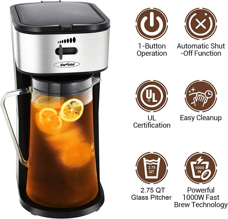 Iced Tea Maker with 88 Ounce Glass Pitcher, Iced Tea Coffee Machine, Tea Makers for Iced Tea, Lattes, Lemonade and Flavored Water, Sliver
