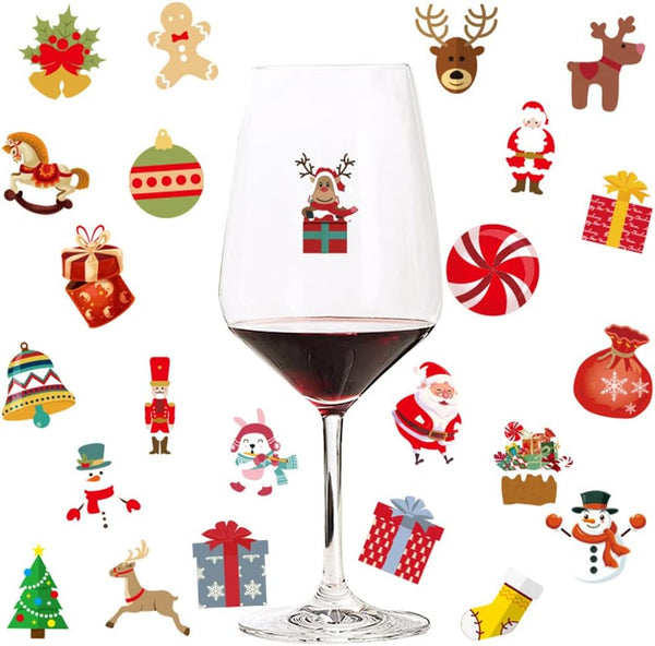 96 Pcs Christmas Wine Glass Drink Markers, Removable Xmas Static Stickers of Santa Claus, moose, bells, Christmas tree Wine Bottle Tags for Christmas Party Champagne Cocktail Wine Party Supplies