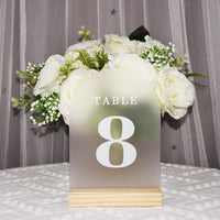 Wedding Table Numbers with Wooden Stands Holders 1- 20, Frosted Arch 5X6" Acrylic Signs and Holders, Perfect for Centerpiece, Reception, Decoration, Party, Anniversary, Event