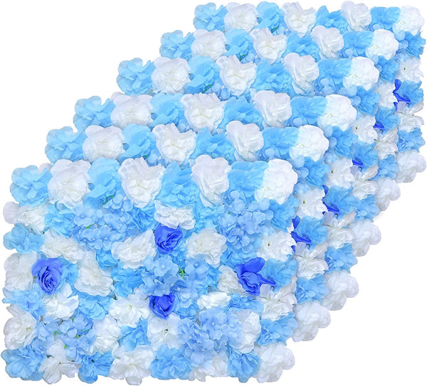 6PCS Artificial Flower Wall Panels - Blue Hydrangea  Rose Silk Mat for Wedding Decoration