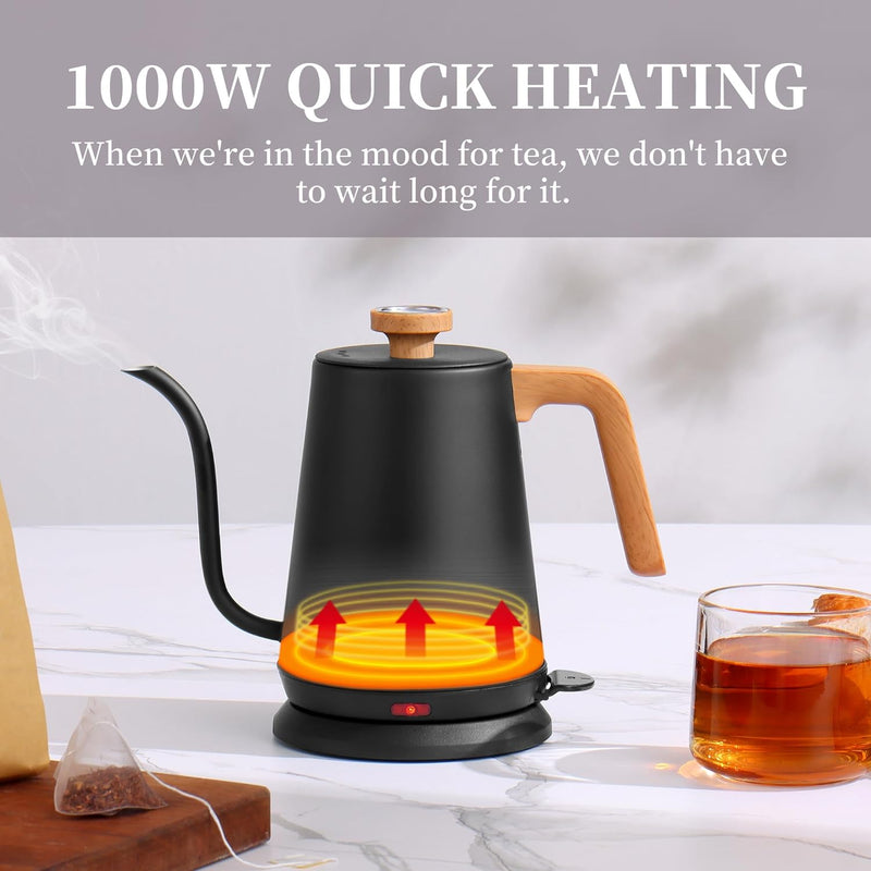 Nueve&Five Gooseneck Electric Kettle with Thermometer， Black Electric Kettle 1L with Auto Shut-Off，1000W Hot Water Kettle of Stainless Steel， Pour Over Kettle for Coffee & Tea