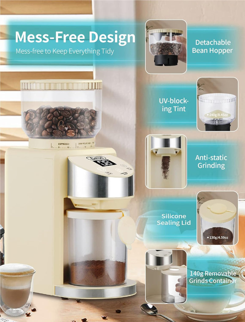 Gevi Burr Coffee Grinder, Adjustable Burr Mill with 35 Precise Grind Settings, Electric Coffee Grinder for Espresso/Drip/Percolator/French Press/American/Turkish Coffee Makers, 120V/200W, Ivory White