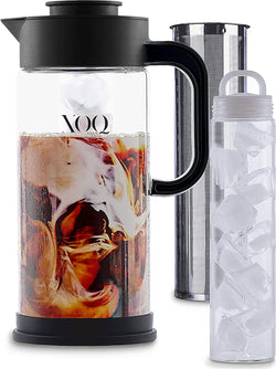 XOQ Cold Brew Coffee Maker + Chiller Kit + 50oz/1.5L Glass Cold Brew Maker - Iced Coffee Maker & Ice Tea Maker - Large Iced Coffee Pitcher for Fridge with Removable Stainless Steel Brewer Filter