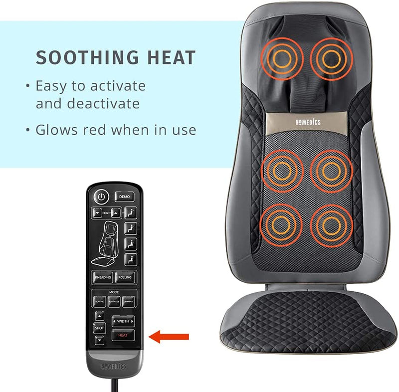 Homedics Back Massager with Heat, Shiatsu Elite II Heated Neck and Back Massage Cushion. 3 Different Massage Styles and 3 Massage Zones. Comes with Controller and Chair Straps