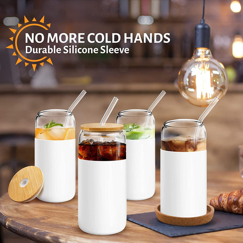 Glass Cups With Bamboo Lids and Straws - 4 pc 16oz can shaped glass bottle with silicone sleeve - Cute Reusable drinking tumbler set for iced coffee, espresso, beer, smoothie and juices mHomeAid