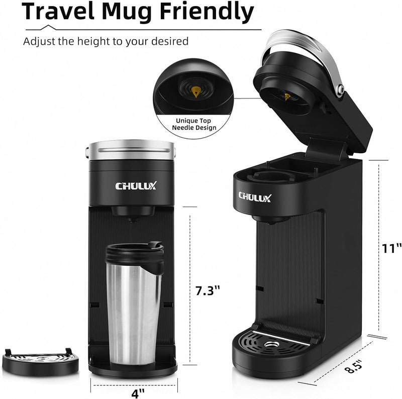 CHULUX Single Serve Coffee Maker for K-Cup Pods & Ground Coffee, 2-in-1 Slim One Cup Coffee Machine with 5 to 12oz Brew in Minutes, Fits 7.3" Travel Mugs